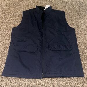 Quilted Blue Vest with Stand-Up Collar and Full-Length Zipper